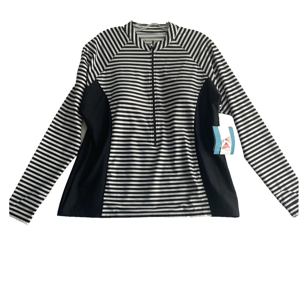 NWT Coolibar Rashguard Swim Top Women Sz 2XL Black White Long Sleeve UPF 50+